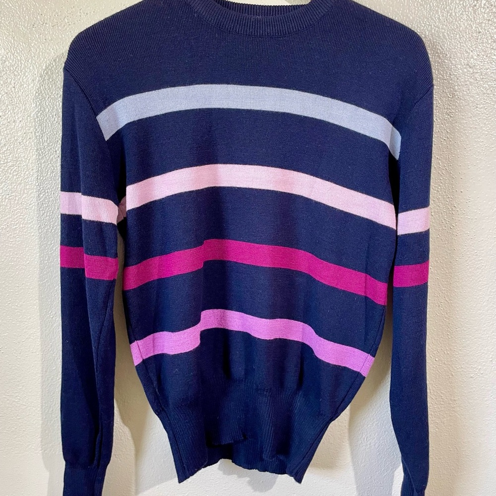Striped Wool Sweater S/M Apres Ski Crewneck Navy Pink Layering Knit Top Bogner